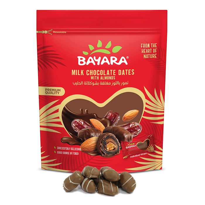 Bayara Milk Chocolate Dates with Almonds - Premium quality dates coated in creamy milk chocolate, filled with crunchy almonds.