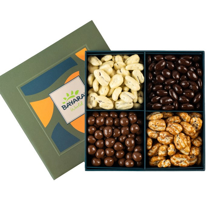 Bayara Chocolate Box with Coated Nuts - Premium assortment of chocolate-coated almonds, cashews, and peanuts.