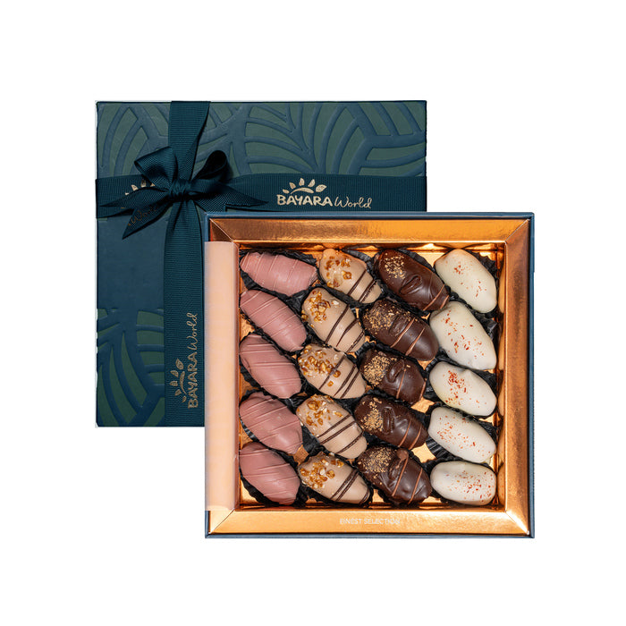 Bayara World Coated Dates Gift Box – A luxurious assortment of premium dates coated in ruby, milk, dark, and white chocolate, elegantly packed.