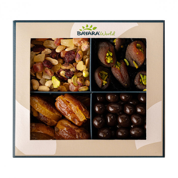 Bayara world Deluxe Gift Box - A curated selection of dried fruits and nuts mix, stuffed dates, chocolate-coated nuts, and premium dates.