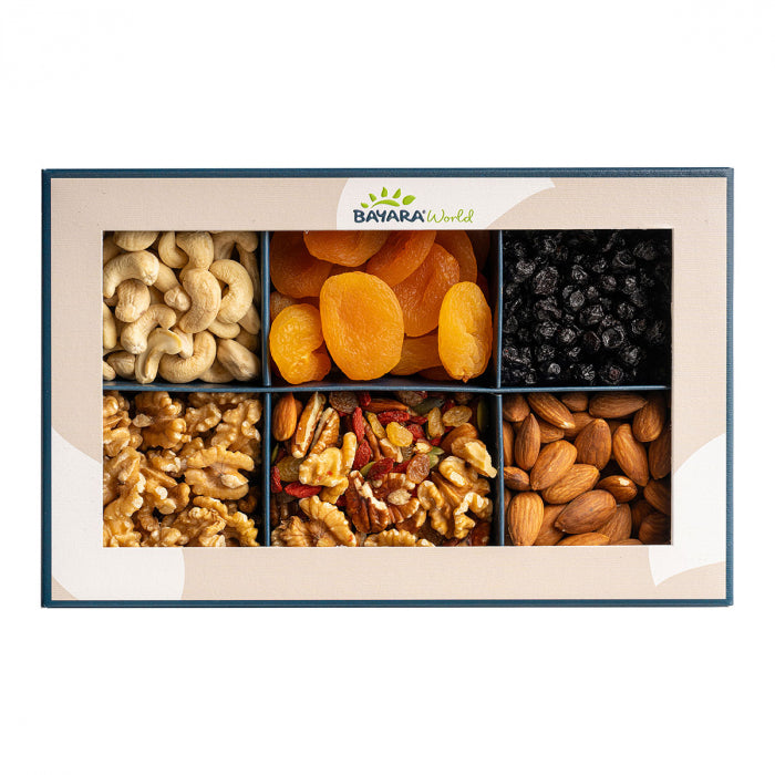 Bayara Dried Fruits & Nuts Gift Box - Assortment of roasted cashews, dried apricots, mixed raisins, dates, black raisins, and premium dates in elegant packaging, 650g, 2
