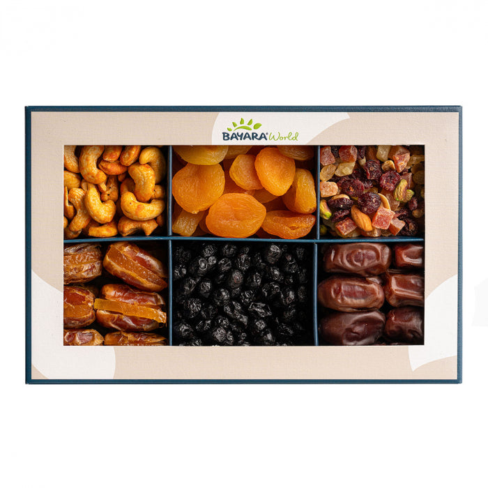 Bayara Dried Fruits & Nuts Gift Box - Assortment of roasted cashews, dried apricots, mixed raisins, dates, black raisins, and premium dates in elegant packaging, 715g, 1