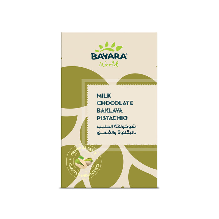 Filled Choco Baklava with pistachio and milk chocolate from Bayara World– 100g pack of indulgent Middle Eastern chocolate. 100g