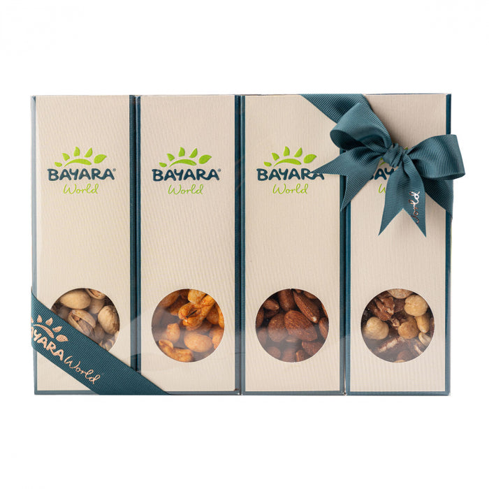Bayara Gourmet Nuts Gift Box - Assorted collection featuring premium quality nuts including pistachios, spiced nuts, roasted almonds, and mixed varieties in elegant packaging, 150g