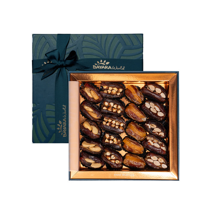 Bayara World Stuffed Dates Gift Box – Premium selection of dates filled with assorted roasted nuts, elegantly presented in a luxury gift box
