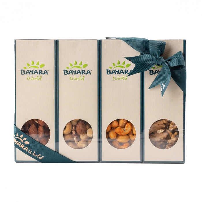 Bayara Nut Lovers Gift Box - Premium variety pack including roasted almonds, mixed nuts, spiced nuts, and walnut halves in elegant packaging, 150g