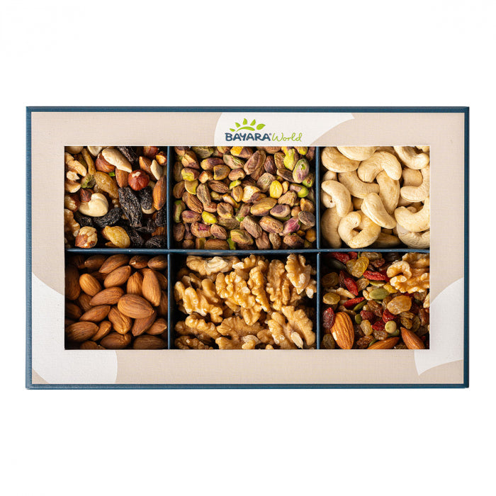 Bayara Premium Nuts Gift Box - Assorted selection of almonds, walnuts, pistachios, cashews, mixed nuts, and trail mix in elegant packaging, 600g, 1