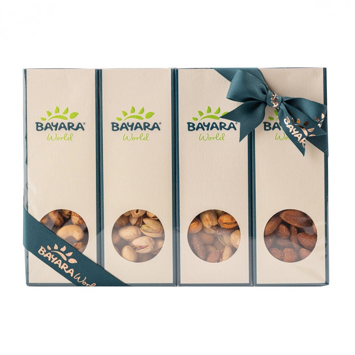 Bayara Premium Roasted Nuts Gift Box - Assorted selection of roasted unsalted jumbo almonds, deluxe mixed nuts, salted premium cashews, and roasted unsalted pistachios, 150g each, 150g