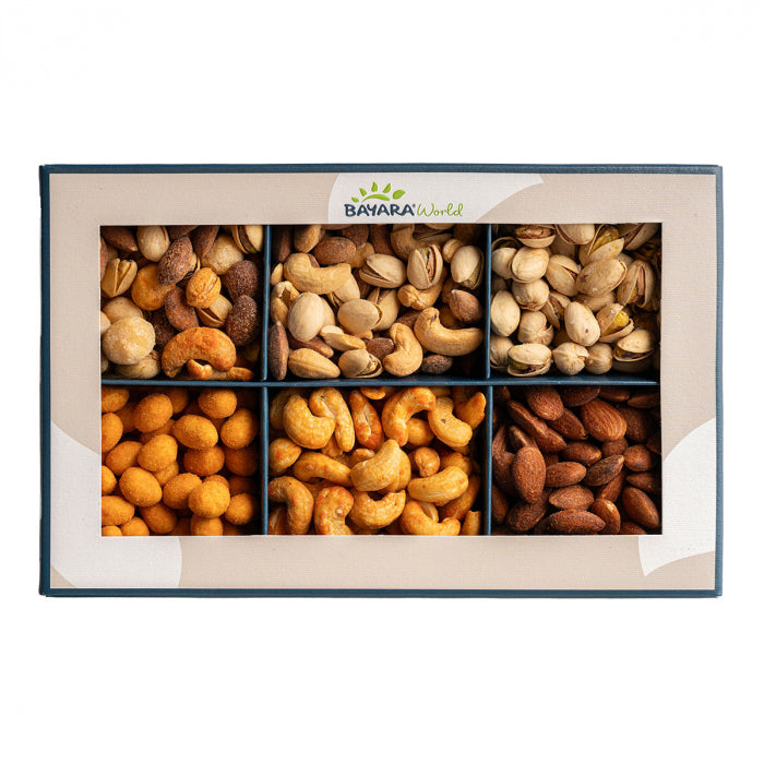Bayara Roasted & Spiced Nuts Gift Box - Assortment of spiced almonds, cashews, pistachios, and coated nuts in premium packaging. 100g, 6x