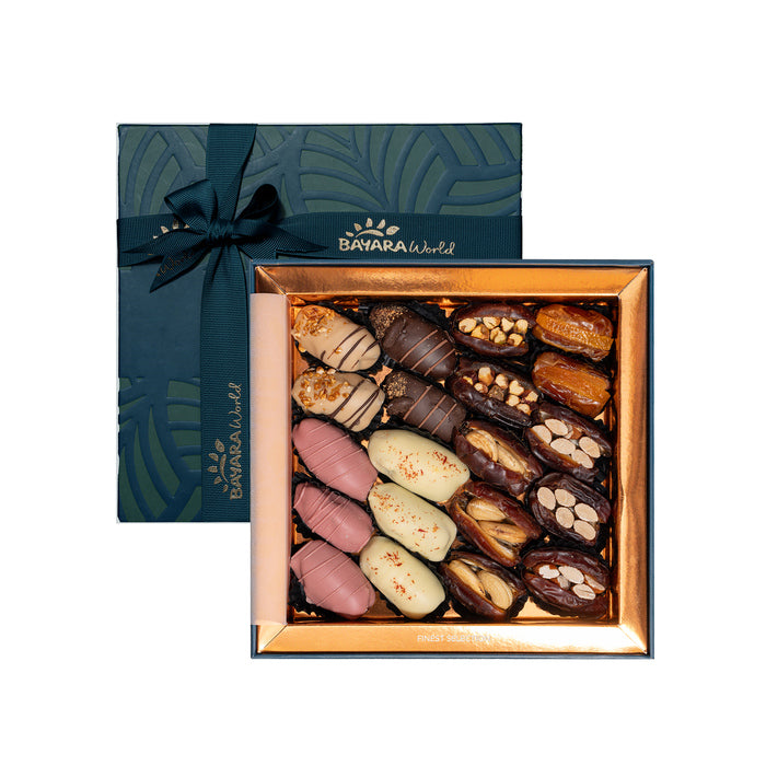 Bayara World Stuffed & Coated Dates Gift Box – An elegant assortment of premium dates stuffed with nuts and coated in ruby, white, and dark chocolate