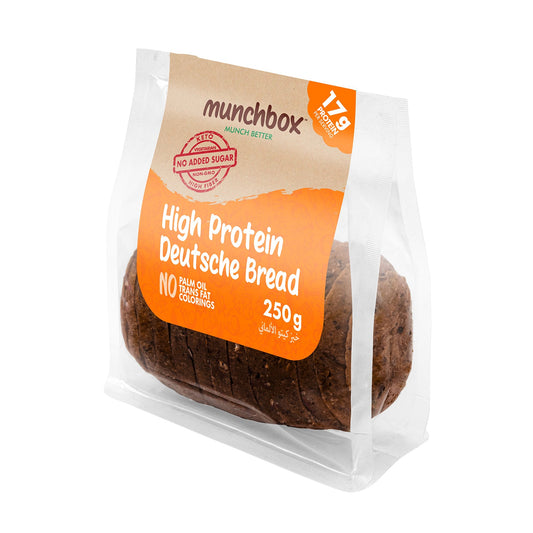Packaged high protein Deutsche bread with 'munchbox' branding on a white background
