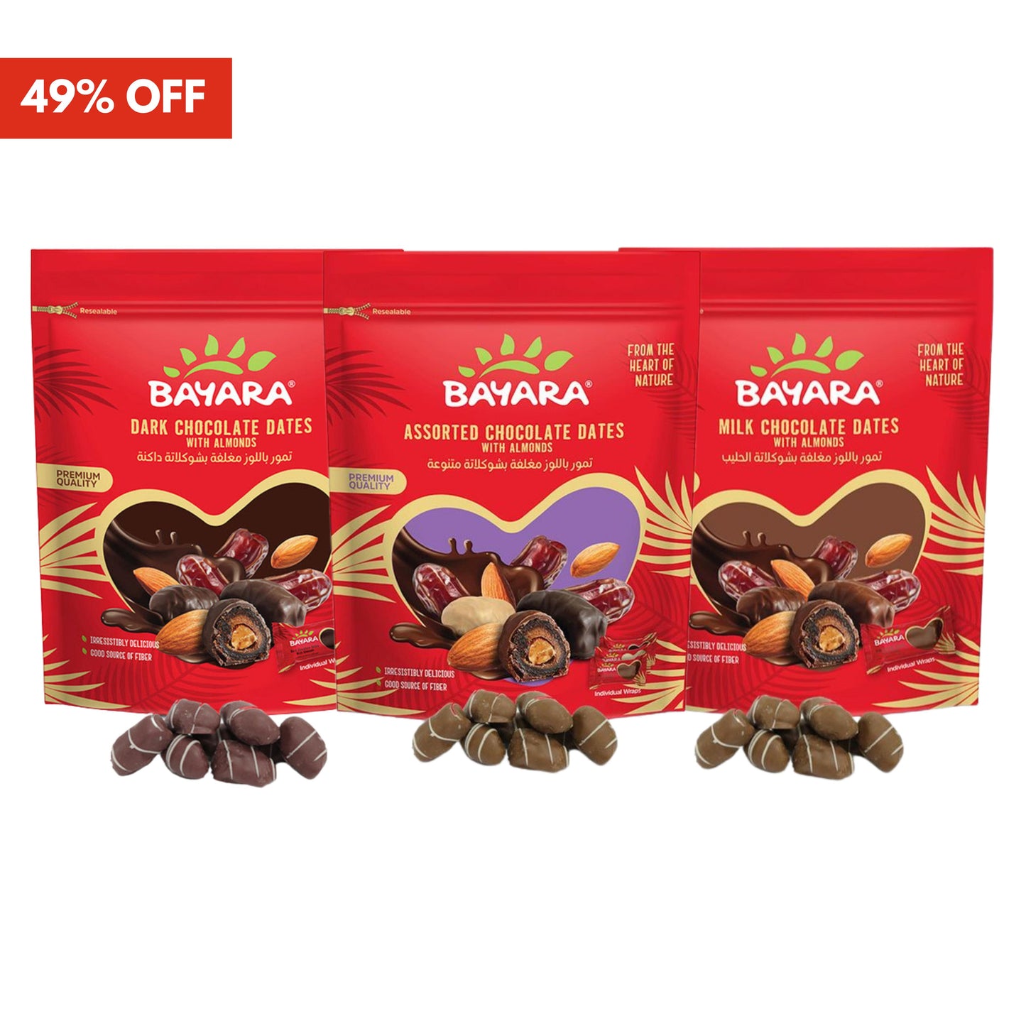 Bayara Chocolate Coated Dates Bundle – Dark Chocolate, Milk Chocolate, and Assorted Chocolate with Almond Filling | 49% Off Premium Date Gift Pack